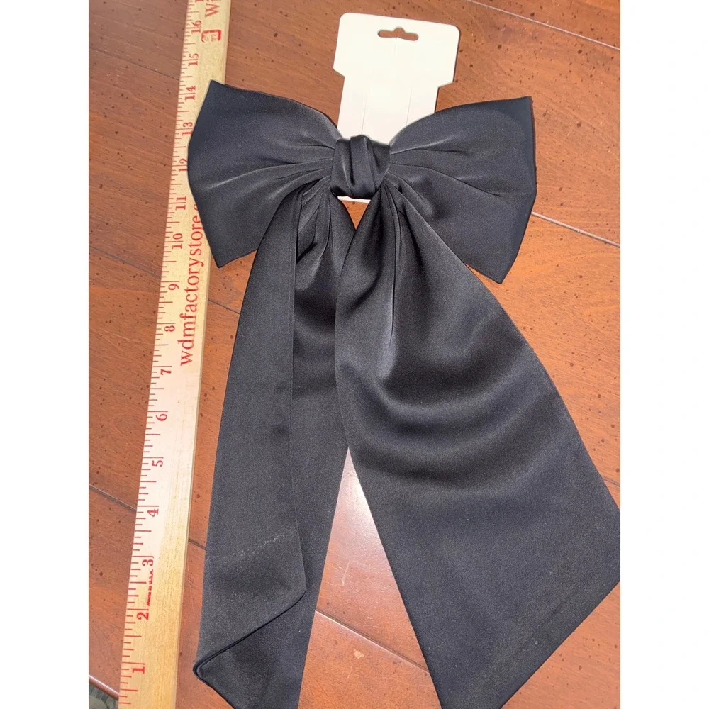 Satin Oversized Hair Bow Barrette & Scarf Scrunchie Set Black Light Blue 2pc‎